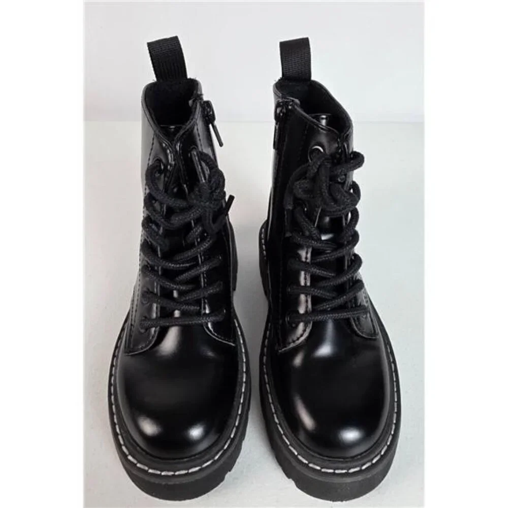 H&M Girls Black Patent Faux Leather Combat Boots Furry Lined Lace Up Zip US 12
